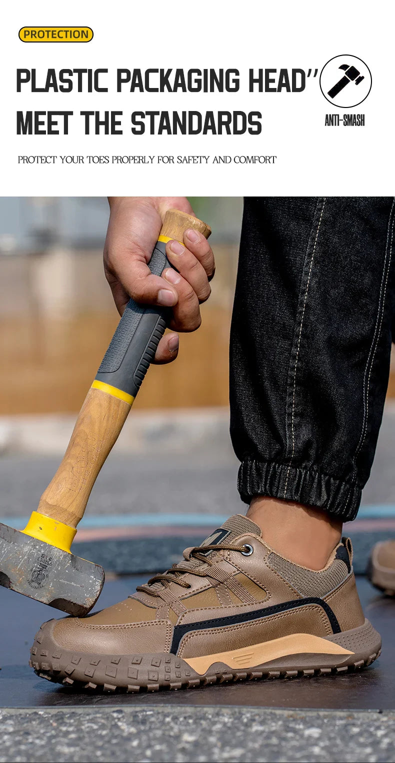 New Safety Men Work Sneakers Anti-smash Indestructible Shoes Steel Toe Protective Boots Anti-puncture Brown Work Safety Shoes