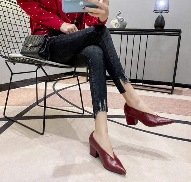 Sexy Autumn New Designer Vintage Evening Shoes Ladies Fashion Pointed Toe V Cut Woman Shoes High Heel Pumps Sexy C323