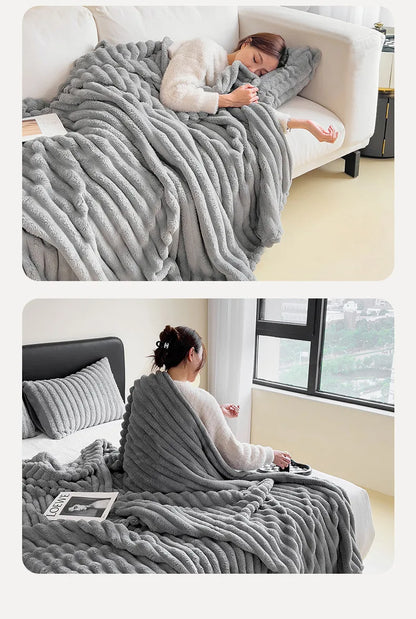 2025 New Rabbit Plush Blanket Draw Stripe Thickened Flannel Blanket Shawl Coral Fleece Sofa Blanket, without Pillowcase