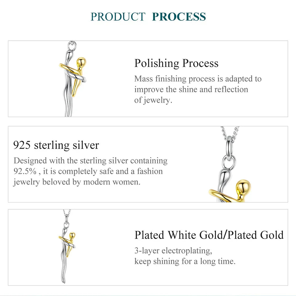 Real 925 Sterling Silver Hug Embrace Pendant Necklace Silver Gold Two-tone Mom & Child Pendant Family Gift  Mom Jewelry