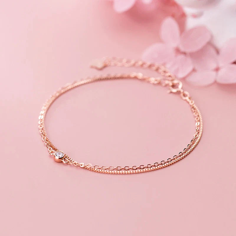 Real 925 Sterling Silver Luxury Double Layer Single Diamond Box Chain Bracelet for Women Fashion Bracelet Fine Jewelry