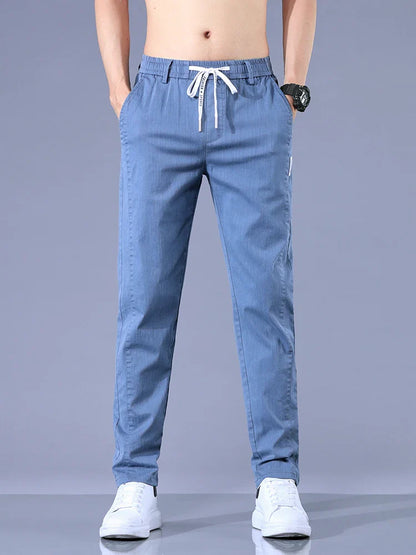 Size 28-38 Thin Casual Pants Mens Slim Simple Cotton Stretch Spring Summer Trousers Elastic Waist Drawstring Jogging Sweatpants