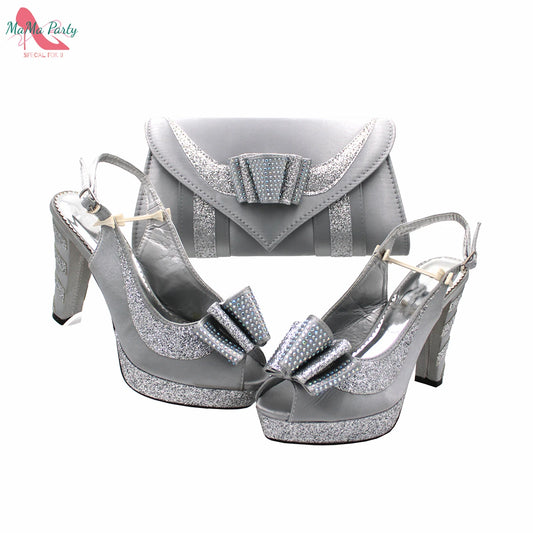 Fashion Pretty Peep Toe African Women Shoes Matching Bag Set in Silver Color Elegant Style Platform Sandals for Party