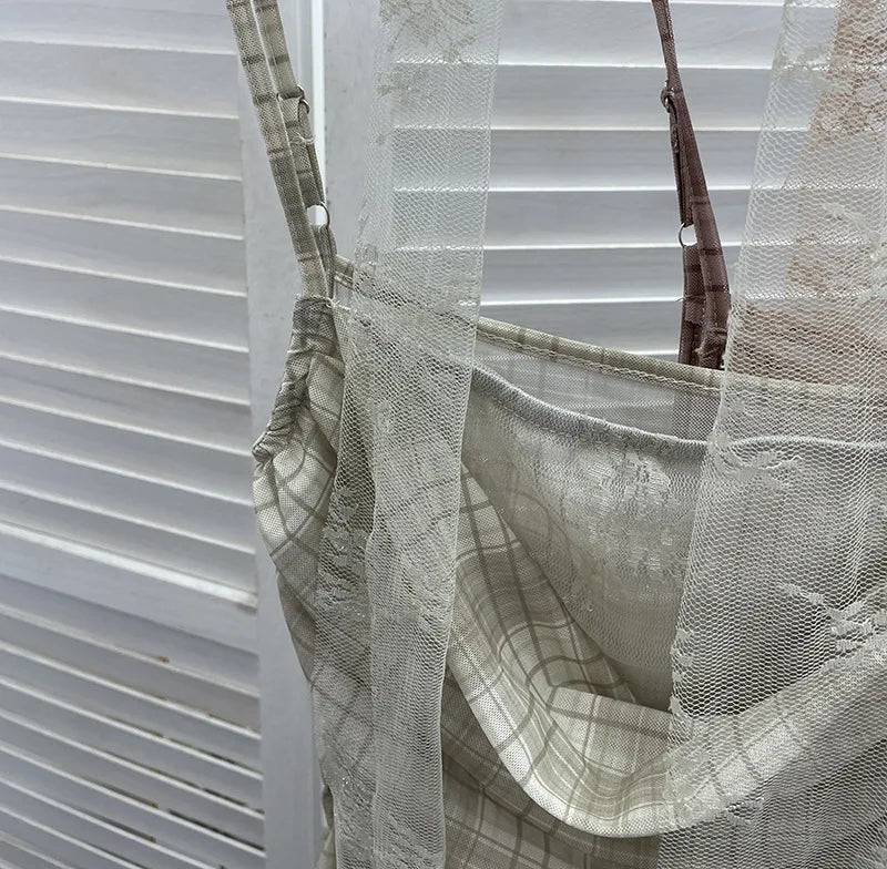 Y2K Plaid Camisole for Women Summer Casual Lace Scarf Breathable Stretch Mesh Patchwork Asymmetrical Ruffle Slim Tops