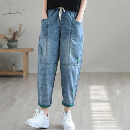 Calça Jeans Feminina de Cintura Alta Elástica Casual