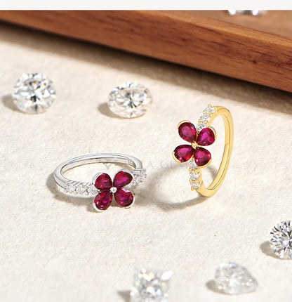 Original Teardrop Ruby Flower Ring ForWomen Pave Moissanite Engagement Rings 925 Sterling Silver Jewelry Gift For Party