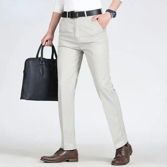 Summer Thin 100% Cotton Pants Mens Autumn Thick Suit Pant Slacks High Waist Straight Loose Bland Solid Business Casual Pants