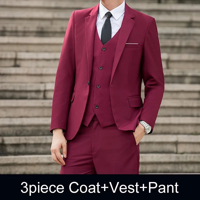 Man Three-piece Sets Fashion Turn Down Collar Coat+Single-breasted Vest+Pant Male Outfit Solid Color Business Wedding Men Suit