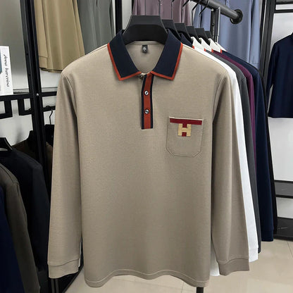 Light Luxury Fashion 100% Pure Cotton Polo Shirt Men's Long Sleeved Autumn New Item Middle-aged Dad Collar Base T-shirt