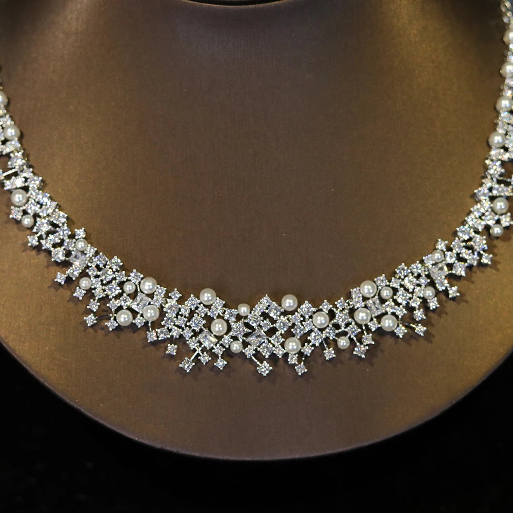 Gorgeous Cubic Zirconia Stone Choker Fashion Pearl Necklace for Women Wedding Bridal Costume Jewelry Set X0620