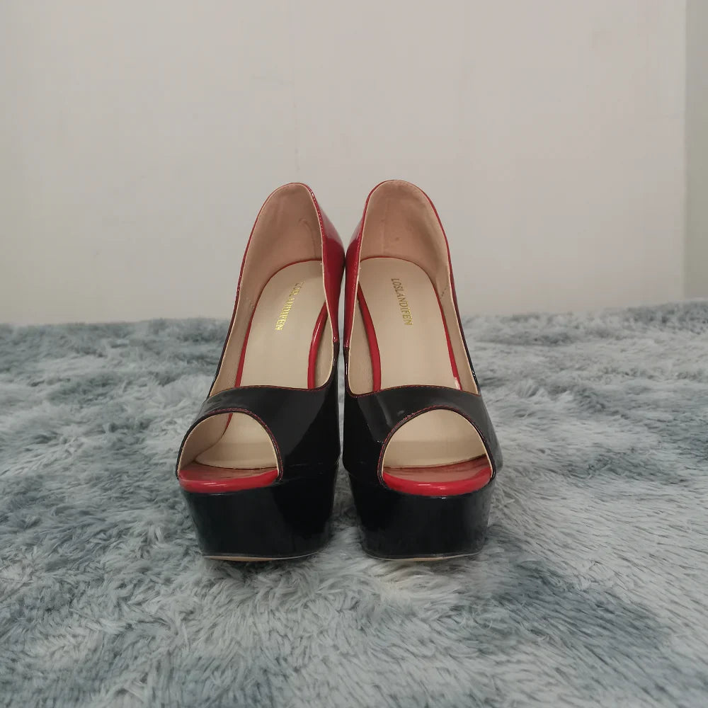 2026 New Women Pumps Sexy Platform Peep Toe 14cm Extremely High Heels Stiletto Patent Leather Party Nighclub Red Wedding Shoes