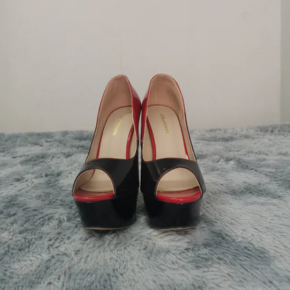 2026 New Women Pumps Sexy Platform Peep Toe 14cm Extremely High Heels Stiletto Patent Leather Party Nighclub Red Wedding Shoes