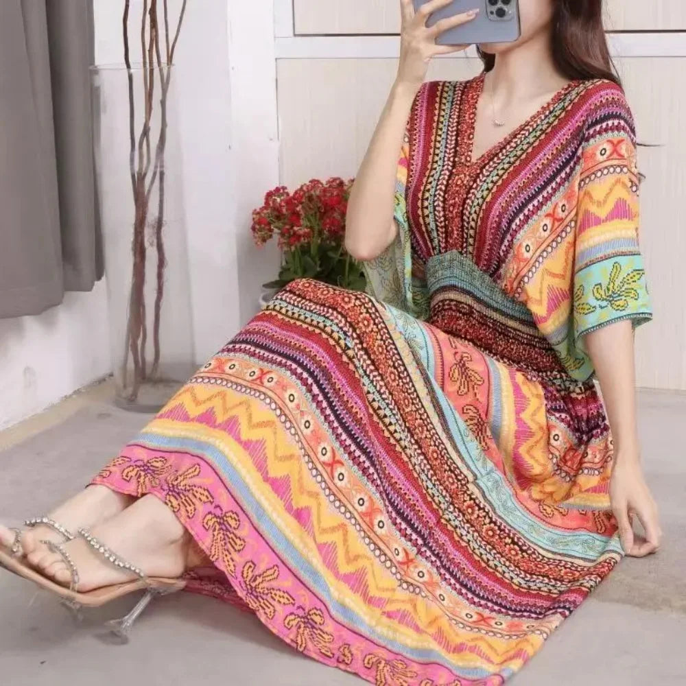 Flower V-neck Elastic Youthful Bohemian Sweet Midi Dress Woman Clothes Chic Fashion Summer Dresses 2025 Large Swing Ski