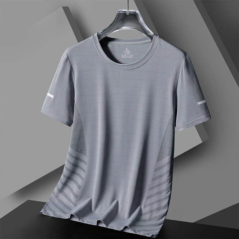 Camiseta de Corrida Masculina Verão Seda Gelo Fina Top Impressão Refletiva Secagem Rápida Manga Curta Respirável Fitness Esportiva Camiseta 5GG