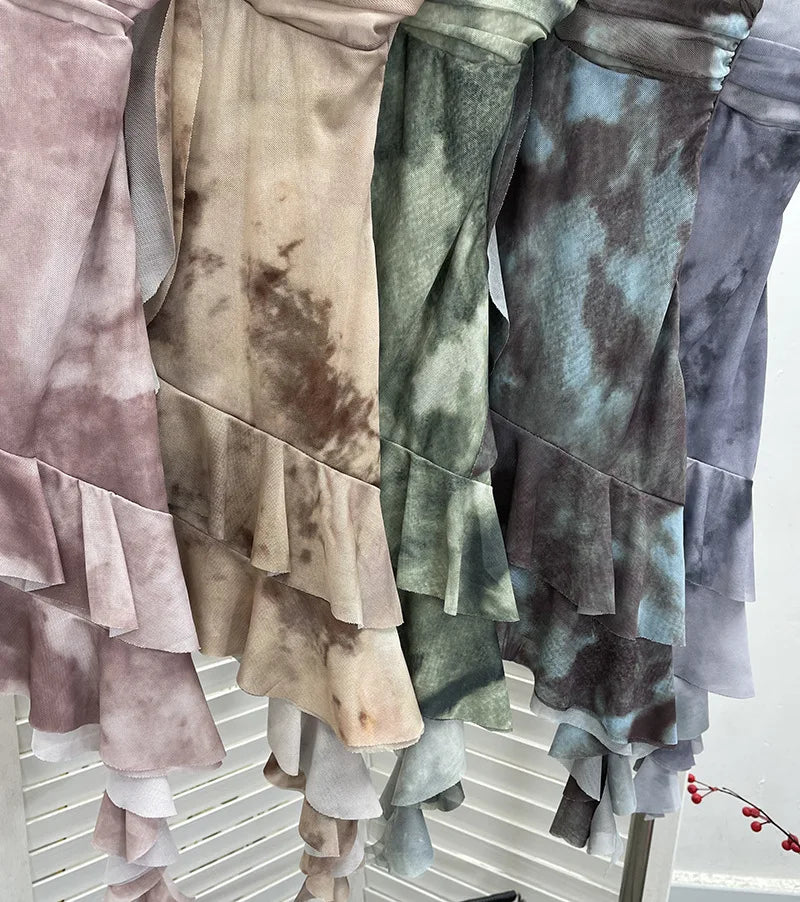 2025 Mesh Camisole for Women Stretch Casual Tie Dyeing Braless Sleeveless Adjustable Straps Asymmetrical Ruffle Tops