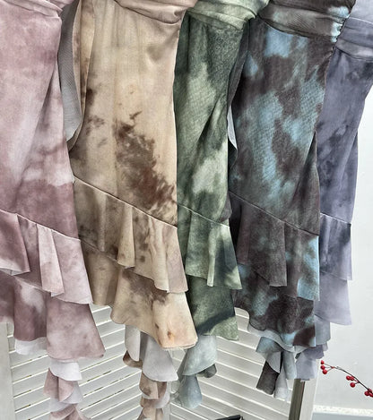 2025 Mesh Camisole for Women Stretch Casual Tie Dyeing Braless Sleeveless Adjustable Straps Asymmetrical Ruffle Tops