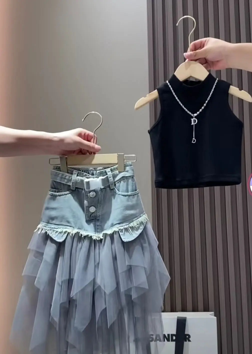 Girls' Summer New Set 2025 Korean Version Baby Girl Tank Top Mesh Splicing Cowboy Skirt Set kids jacket