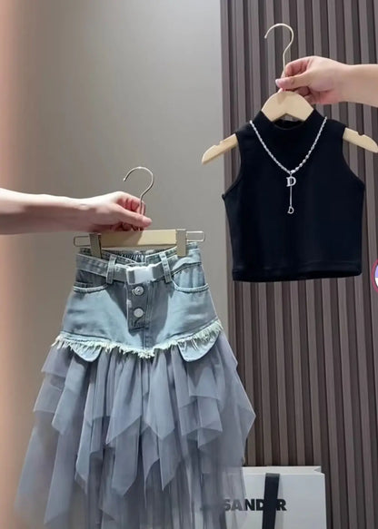 Girls' Summer New Set 2025 Korean Version Baby Girl Tank Top Mesh Splicing Cowboy Skirt Set kids jacket
