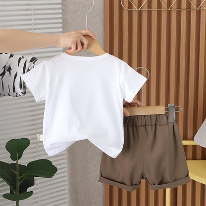 2Pcs Baby Boys Party Gentleman Outfit Short Sleeve Bowknot 2 in 1 T-shirt with Fake Waistcoat And Shorts Set Kids Summer Clothes