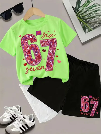 2026 New Cool 67 Funny Printed Kids T-Shirt Shorts Sports Set Fashion Children's Clothes Casual Boy Girl Short Sleeve Shorts Set