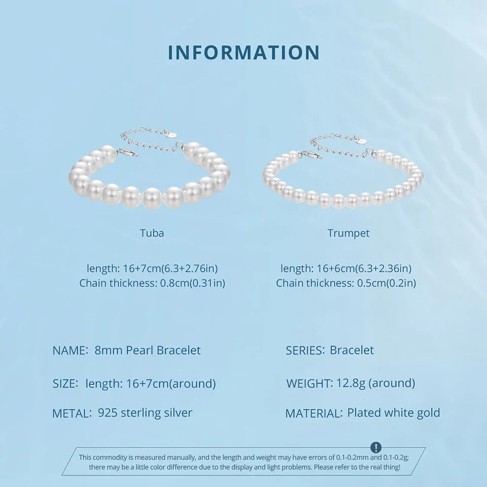 White Pearl Bracelets for Women, 925 Silver Adjustable Clasp Chain Faux Pearl Beaded Bracelets Bridal Wedding Jewelry