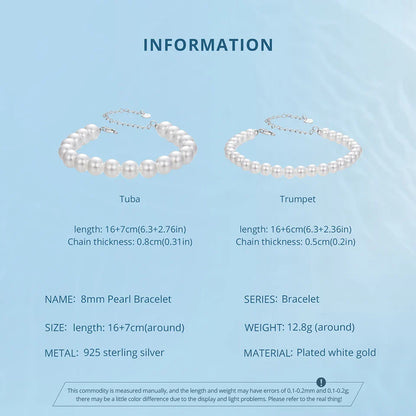 White Pearl Bracelets for Women, 925 Silver Adjustable Clasp Chain Faux Pearl Beaded Bracelets Bridal Wedding Jewelry