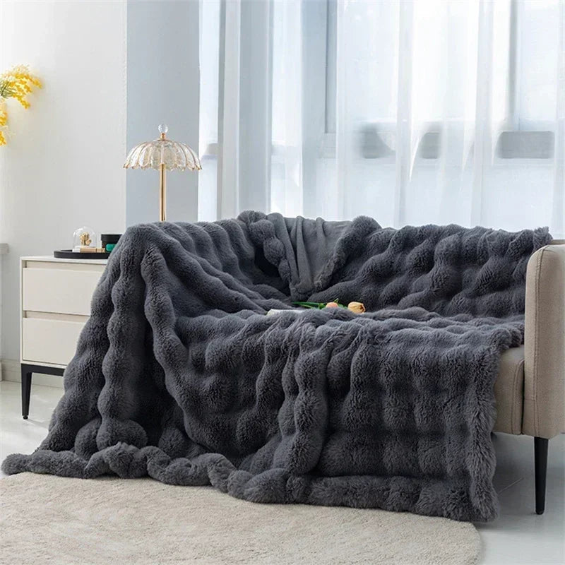 Cozy Rabbit Hair Bubble Velvet Blanket for Napping Soft Fuzzy Plush Bed Cover Sofa Throw Blanket All Season Warmth