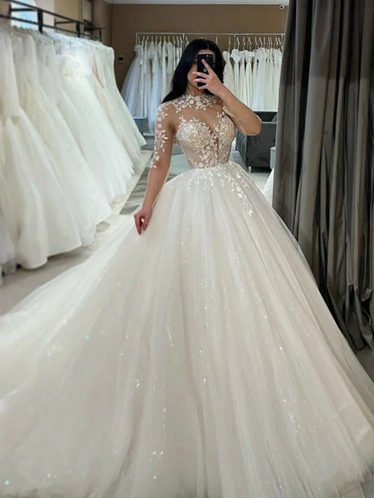Long Sleeve Lace Wedding Dresses A Line High Neck Shiny Appliques Bridal Gowns Glitter Tulle vestidos de novia 2026