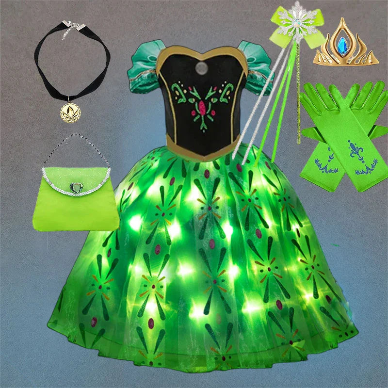 Snow Queen Illuminating  Anna Princess Ball Gown Fancy Green Floral Dress Halloween Glowing Anna Costume Birthday Elsa Party