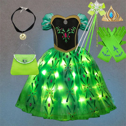 Snow Queen Illuminating  Anna Princess Ball Gown Fancy Green Floral Dress Halloween Glowing Anna Costume Birthday Elsa Party