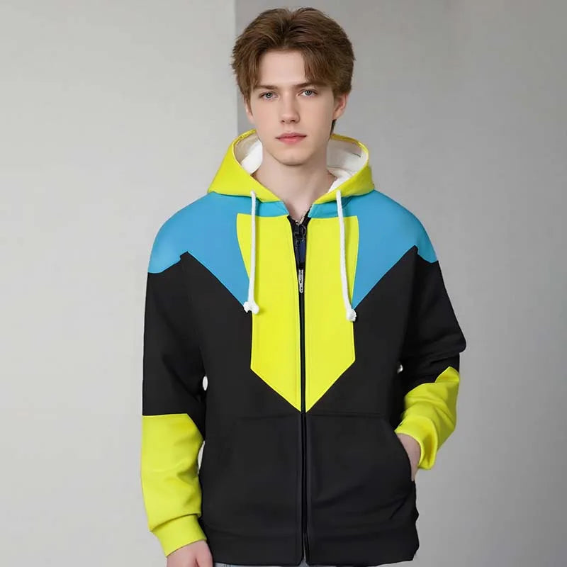 Anime Color Block Hoodies for Men Long Sleeve Pullover Sweatshirt with Pockets 3D Printed Casual Streetwear Zipper Jacket