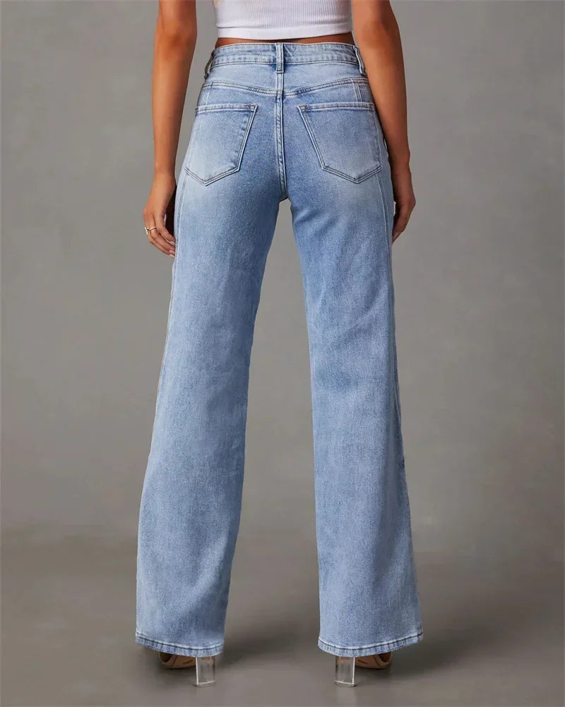 Women Mid Waist Loose Micro Flared Denim Pants
