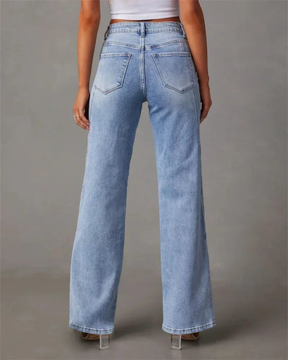 Women Mid Waist Loose Micro Flared Denim Pants