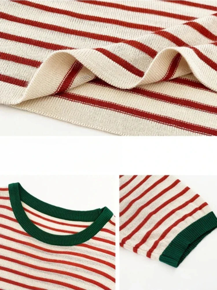 Fashion Stripe Knitted Round Collar Tees 2026 Summer Women Tops Print Short Sleeve Casual Simple Versatile Women T-Shirt
