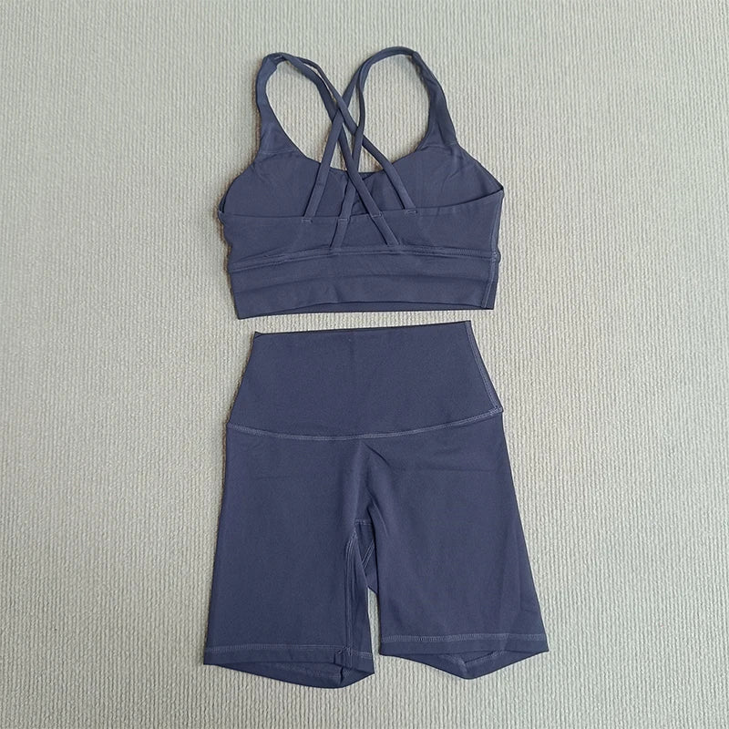 Women's 2-Piece Yoga Set Tights Shorts For Woman Cross Back Bra Top + High Waist Shorts Fitness Running Workout Tracksuit