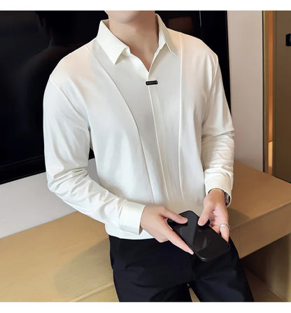 Stitching Special V-neck Long-Sleeved Polo Shirt, Men's High-Grade Elasticity Traceless Lapel T-shirt, Royal Blue Seamless Top