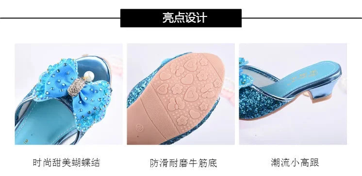 Girls Summer Sandals Slipper Sequined Princesse Children High Heel Party Dress Shoes Leather Slipper For Kids Slides