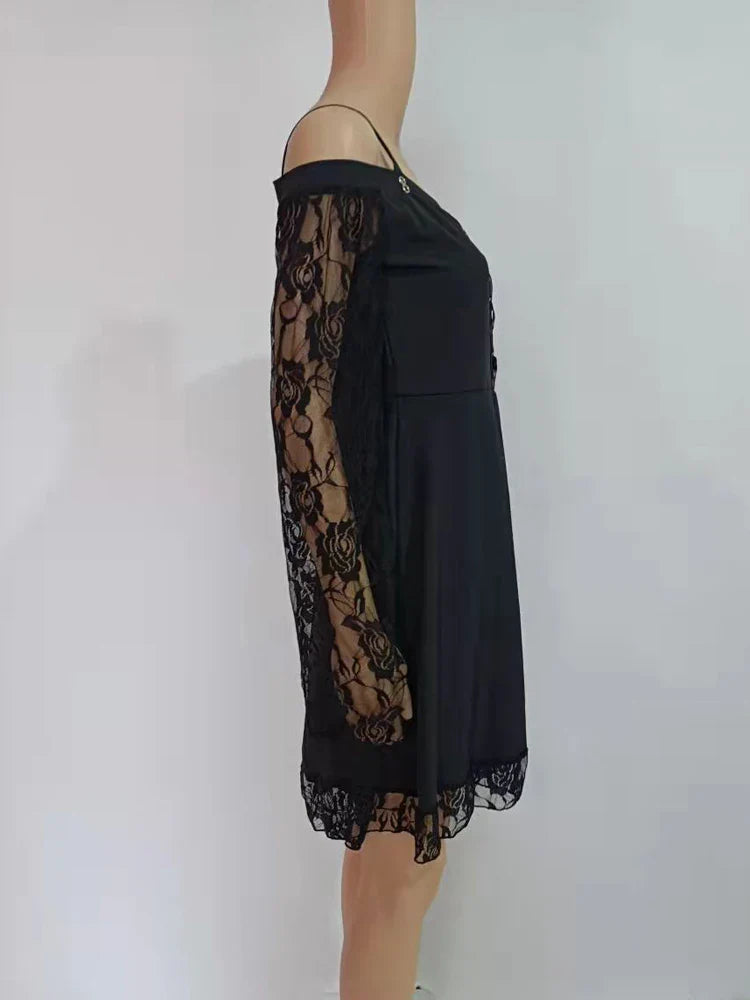 One-shoulder Lace Stitching Flared Sleeve Dress Literary Vintage Autumn Grunge Black A-line Dress Punk Partywear