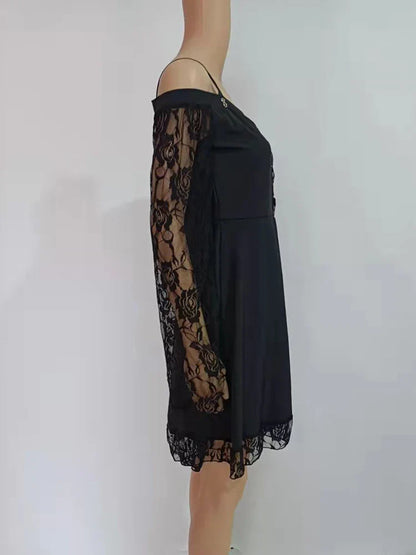 One-shoulder Lace Stitching Flared Sleeve Dress Literary Vintage Autumn Grunge Black A-line Dress Punk Partywear
