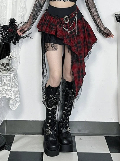 Cyber Punk Dark Gothic Skirt Women Streetwear Harajuku Irregular Patchwork Red Plaid Skirt Hotsweet Y2k Clubwear Skirt