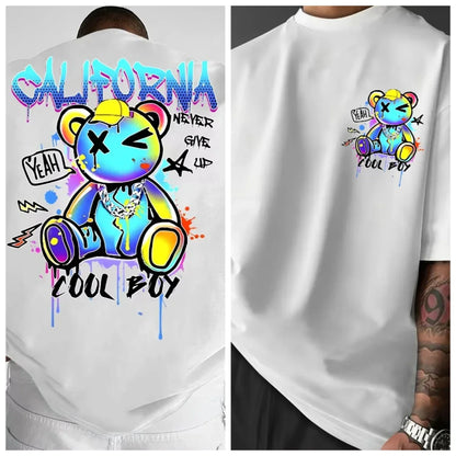 Summer 2026 New California Bear and Lightning Bolt Men's T-shirt Fashion Hot Selling Men's and Women's Round-neck Print T-shirt