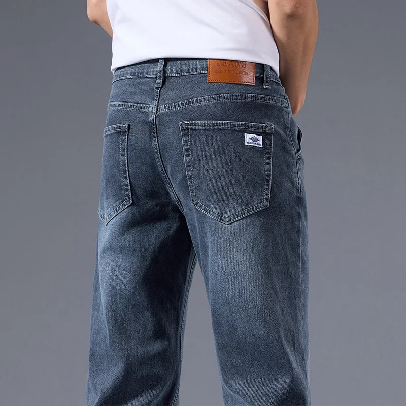 New Men's Light Business Micro Stretch Straight Fit Denim Pants Vintage Distressed All Season Wearable Long Pants