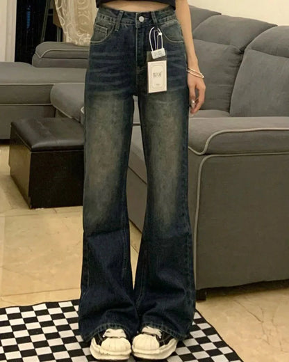 Y2K Retro Micro Denim Pants For Women Straight Fit Spring-autumn Style Pear-shaped Figure Large Size High Waist Slimming Effect