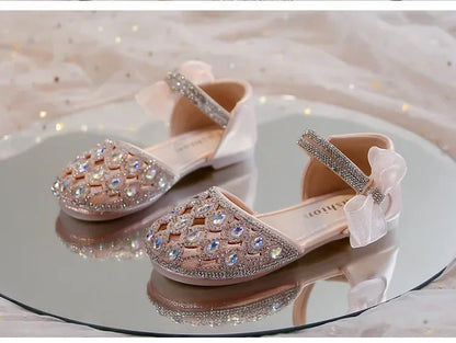 Girls Sandals Shiny Crystal Ins Trendy 2025 Summer New Kids Princess Shoes Mesh Lace Bows Girls Dance Shoes Elegant Hollowed-out