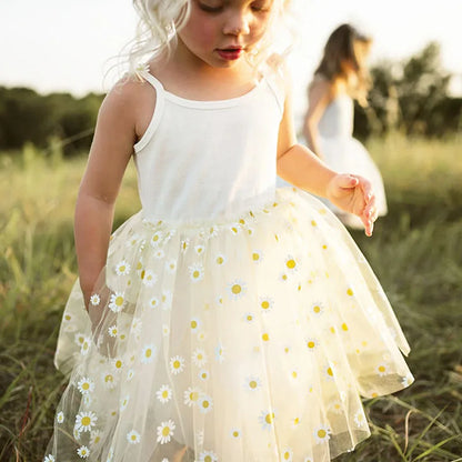 Korean Style Girls' Summer Dress 0-4Y Cute Baby Children's Little Daisy Suspender Mesh Dress Kid's Clothing