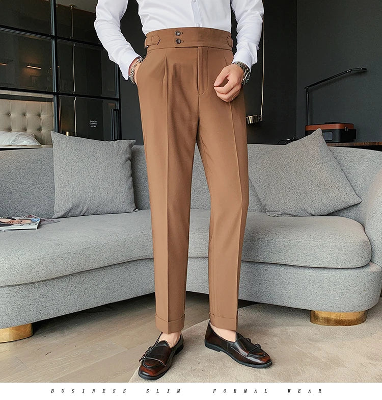 Men British Style Suits Pants New Male Solid High Waist Trousers High Quality Men Formal Slim Fit Business Casual Suit Pants