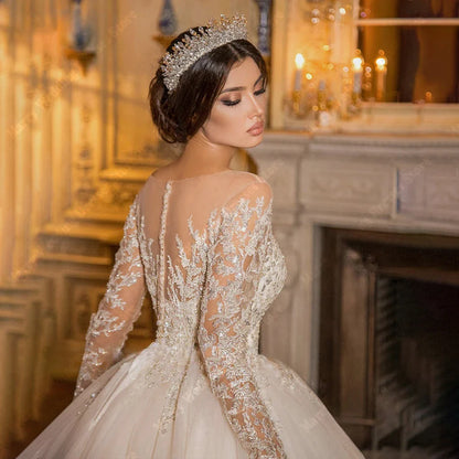 Elegant A-Line Women Wedding Dresses Bright Lace Appliques Bridal Gowns Long Sleeves Princess Vestidos De Novias Boda Customized
