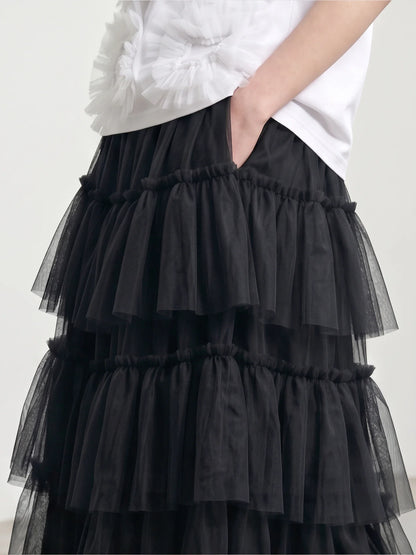 Forest style black cake skirt imakokoni spring Japanese mesh high waist mid length A-line skirt for women 265434