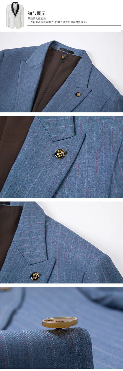 Men's Classic Formal Pinstripe Tuxedos Suits 3 Pieces Slim Fit Blazer Peak Lapel Two Button Groomsmen Wedding Dress Business
