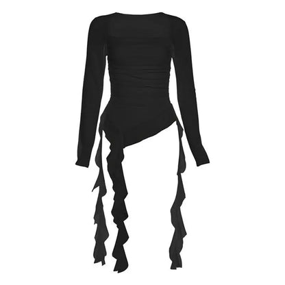Long Sleeve Sexy T-Shirts Fashion Women Y2K Irregular Asymmetrical Korean Crop Tops Casual Sheer Mesh Autumn Chic Tees